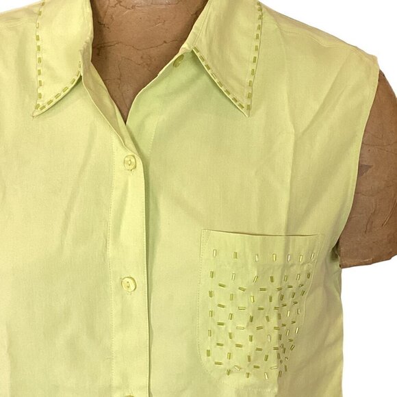 Silkland 100% Silk Sleeveless Button Up Top Beaded Sz L Pastel Lime Green 283D - Picture 2 of 7